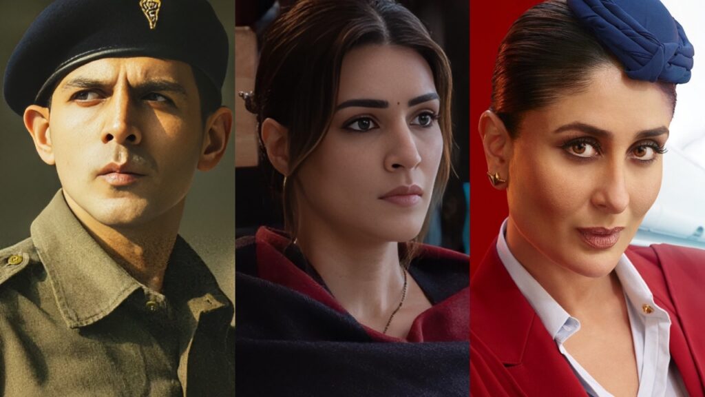 Image by Left to Right: Kartik Aaryan in Chandu Champion, Kriti Sanon in Do Patti and Kareena Kapoor Khan in Crew.